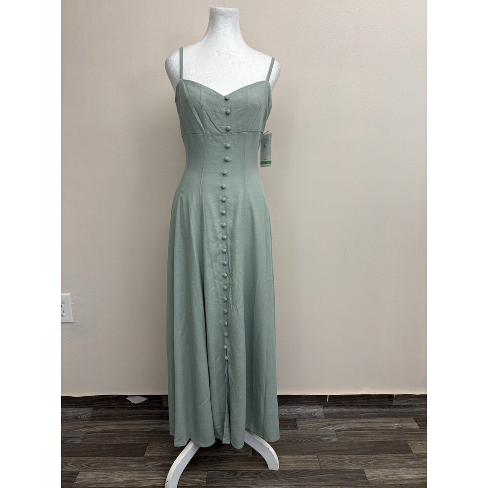 Taylor Women's Linen Blend Fit Flare Midi Dress Buttons Sage Mint Green Size 8